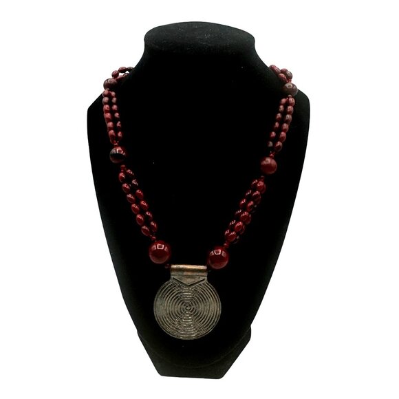 Handcrafted Red Beaded Necklace With Circular Copper Pendant & Adjustable Chain - Picture 1 of 4